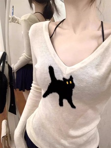 【邓邓】猫咪罩衫 ins燕麦色提花针织长袖针织衫女修身显瘦上衣