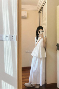 夏季白色连衣裙无袖花苞上衣半身裙长裙气质高级感夏装搭配一整套