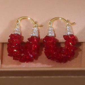 镶钻红色水晶耳扣小众设计感精致秋冬耳饰女2024新款爆款气质耳环