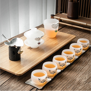 白玉瓷镶银茶具套装琉璃功夫茶具家用茶壶玻璃茶杯银饰茶道礼品盒