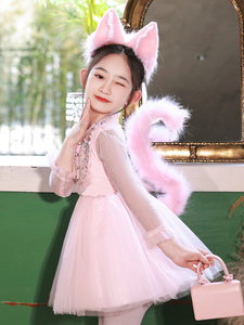 儿童圣诞节衣服2023新款粉色猫咪装扮女童cosplay小狐狸演出服装