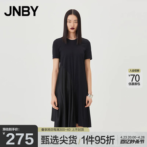 JNBY/江南布衣奥莱outlets夏拼接连衣裙圆领短袖中长款黑色裙子女