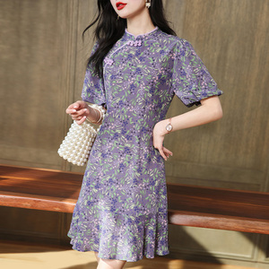 紫色真丝连衣裙女夏季2024年新款高端年轻款双绉桑蚕丝改良旗袍潮