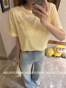 MzzStudio 24春夏美式少女感boling璀璨钻钻清透有氧亚麻短袖T恤