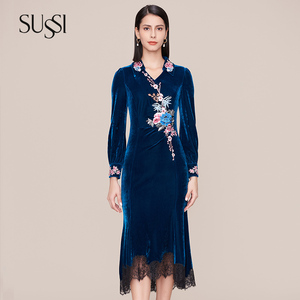 SUSSI/古色21冬季新品商场同款宝蓝色蕾丝长袖连衣裙91AV4060400