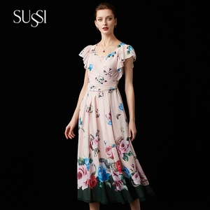 SUSSI/古色2019夏季新品 华殿英姿 粉色印花女长连衣裙 29271780