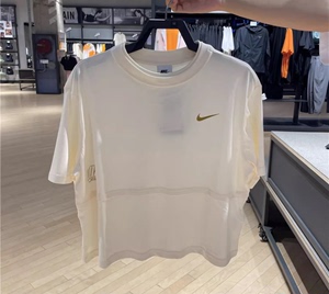 Nike耐克新款夏季纯棉T恤女圆领针织宽松透气拼接简约短袖FQ7009