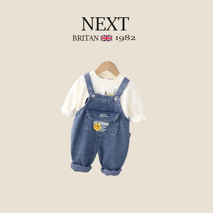 英国NEXT秋季背带裤套装周岁宝宝笑脸口袋字母长袖衬衫长裤俩件套