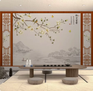 古典中式花鸟壁纸自带边框壁布电视背景墙壁画墙布会客厅茶室墙纸
