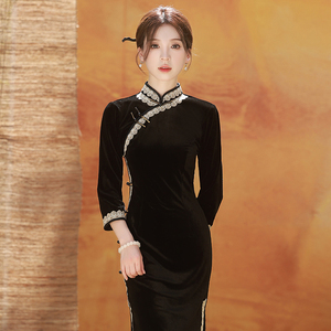 老上海黑色旗袍2023年秋冬丝绒长款长袖复古民国风新中式显瘦改良