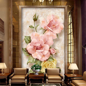 欧式3D竖版大理石壁画玄关过道走廊立体浮雕墙纸背景墙壁纸玫瑰花