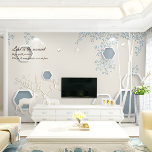 现代立体简约沙发背景墙北欧麋鹿电视墙布5d装饰墙画8d客厅壁画
