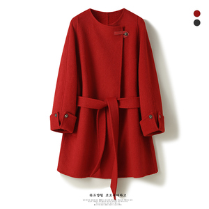 23秋冬新款高端圆领系带显瘦中长款双面羊绒大衣女红色羊毛呢外套