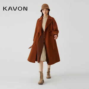 Kavon/卡汶飒爽简约H型咖色羊毛混纺双面呢翻领贴袋盘扣长袖大衣