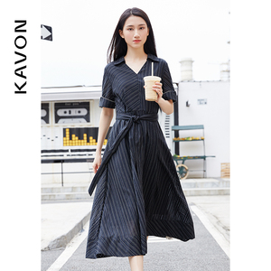 KAVON卡汶商场同款通勤气质条纹连衣裙女高端感棉质裙子茶歇度假