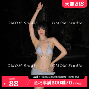 omom2024新款人鱼链条钻饰绑带纯欲风比基尼性感写真度假欧美沙滩