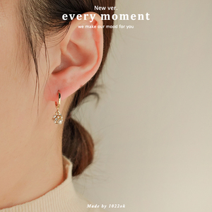 韩国代购珍珠锆石流苏耳环小圆圈耳扣耳饰女高级感金色耳圈小耳坠