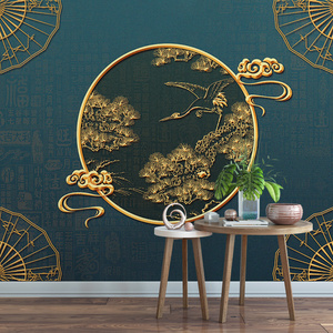 新中式松树客厅装饰壁布18d金色浮雕仙鹤壁纸壁画 中国风清吧墙纸