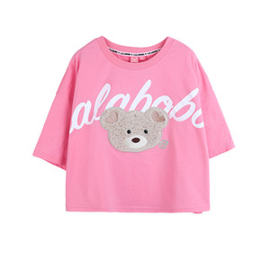 lalabobo2023夏季新款甜美可爱毛毛熊图案粉色短袖T恤女拉拉波波
