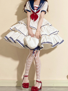 海军风三段式lolita白色连衣裙op学院风可爱日常蓬蓬公主裙
