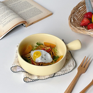 韩国ins风奶黄色陶瓷手柄泡面螺蛳粉碗汤碗家用烤碗焗饭碗水果碗