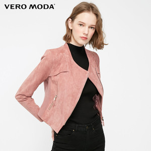 Vero Moda2019秋季新款斜襟拉链猪皮革短款皮衣女|