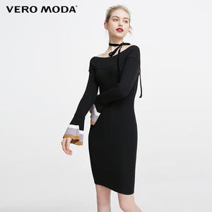 Vero Moda2017秋季新款一字领喇叭袖修身针织连衣裙
