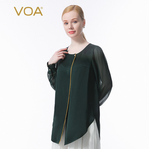 VOA100%桑蚕丝双面缎40姆米重磅绿色圆领衬衫长袖一粒扣真丝T恤女