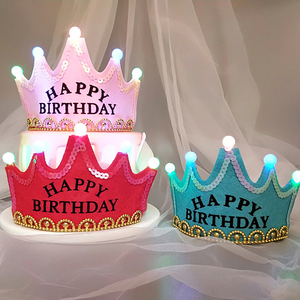 生日派对蛋糕装饰彩灯发箍发光生日帽happy粉色成人LED皇冠帽子