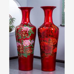 景德镇陶瓷器中国红色牡丹落地大花瓶客厅电视柜高摆件特大号开业