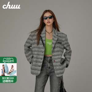 CHUU撞色条纹呢大衣女士2024年春季新品西装领不对称刺绣宽松外套