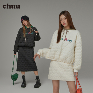 CHUU字母刺绣长袖卫衣女2023年冬季新品爱心夹棉棉服套头抽绳上衣