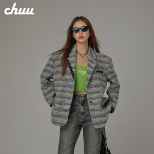 CHUU撞色条纹呢大衣女士2024年春季新品西装领不对称刺绣