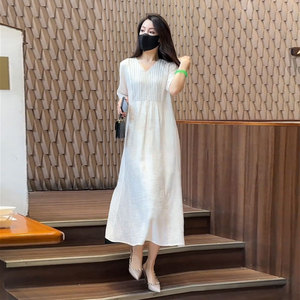 高级感法式连衣裙女2024年夏季新款宽松透气遮肚白色刺绣过膝长裙