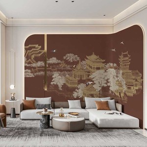 现代中式大气古典线描阁楼墙纸客厅背景壁布卧室环保酒店民宿壁画