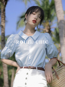 法国Rouje Chic复古泡泡袖衬衫女夏季薄款淡蓝色雪纺减龄短袖上衣
