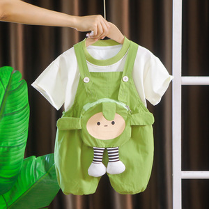 婴儿衣服夏季卡通包背带裤两件套6七8九个月男女宝宝可爱洋气套装