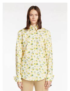 0402#24春季新款夏日风情翻领排扣简约柠檬印花长袖上衣衬衣衬衫