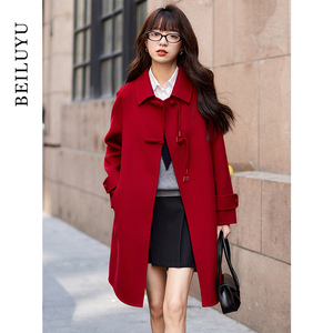 中国风红色双面羊绒大衣女冬季中式盘扣中长款小个子气质毛呢外套