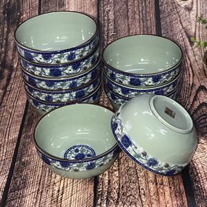 青花瓷吃饭碗家用陶瓷复古碗汤碗护边加厚中国风餐具10个装米饭碗