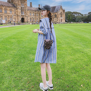日韩系甜美减龄学院风海军领连衣裙女夏季小个子蓝色条纹衬衫裙子