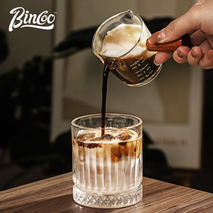 Bincoo玻璃奶盅杯日式小奶罐带手柄奶缸意式浓缩木柄双嘴刻度量杯