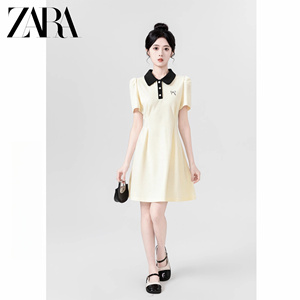 ZARA夏季新款杏色POLO领连衣裙女时尚拼接收腰显瘦中长款T恤裙子