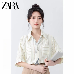 ZARA夏新款法式条纹V领短袖衬衫女polo领带领结衬衣正肩半袖上衣
