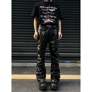 MaxDstr 美式复古重磅设计褶皱pu皮裤休闲裤男女修身潮牌嘻哈长裤