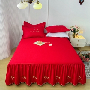红色床裙单件全棉结婚床裙罩大红床单床罩款婚床婚嫁床套三四件套