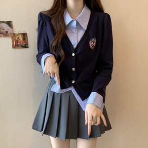 藏青色长袖衬衫女春季新款大码胖mm假两件衬衣显瘦韩系学院风上衣