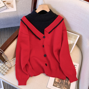 假两件红色毛衣女秋冬新款胖mm大码显瘦洋气内搭半高领针织衫上衣