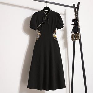 新中式改良旗袍重工刺绣黑色连衣裙夏季大码胖mm收腰国风气质长裙