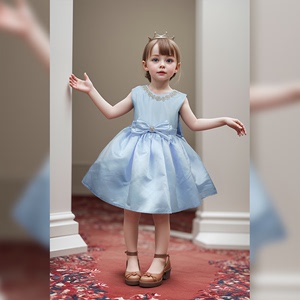 蓝色儿童主持人晚礼服裙女童礼服公主裙高贵钢琴表演高端小童裙子